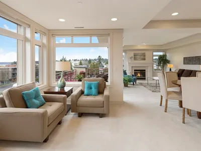 Neutral, modern living room with warm beige tones and clean styling in Sandvika terraced house, staged for sale — MT Home